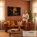 Quadro Decorativo Grande Família de Leões Leoa para Sala | quadros decorativos para sala de estar | família de leões com leão, leoa e dois filhotes em floresta escura | em ambiente 3 | Porao dos Quadros