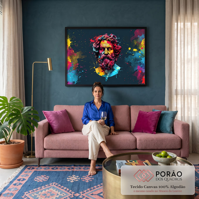 Busto grego barbudo coberto de respingos de tinta colorida sobre fundo azul escuro, quadro decorativo