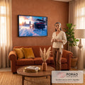 Quadro Decorativo Grande Carro Esportivo Neve para Sala | quadros decorativos para sala de estar | carro esportivo preto na neve com aerofólio e céu de pôr do sol ao fundo | em ambiente 3 | Porao dos Quadros