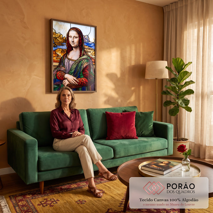 Quadro Decorativo Grande Mona Lisa para Sala Vermelho | quadros decorativos para sala de estar | retrato feminino estilo vitral colorido com véu vermelho e paisagem montanhosa ao fundo | em ambiente 3 | Porao dos Quadros