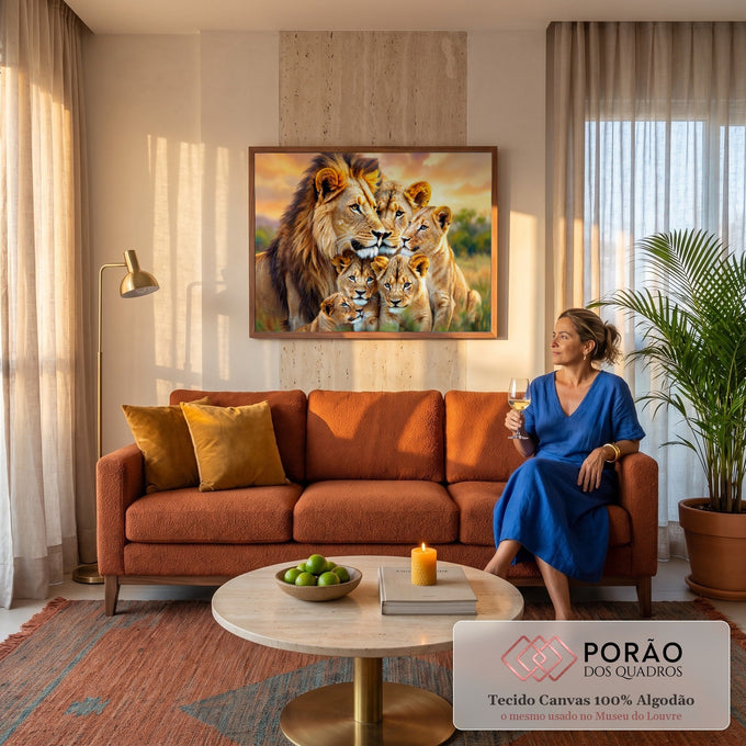 Quadro Decorativo Grande Família Leoa para Sala Dourado | quadros decorativos para sala de estar | família de leões com filhotes em close-up sob céu de pôr do sol dourado | em ambiente 3 | Porao dos Quadros
