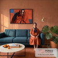 Quadro Decorativo Mulher com Xale Laranja em Fundo | quadros decorativos para sala de estar | mulher envolta em xale laranja texturizado sobre fundo geométrico azul e laranja | em ambiente 3 | Porao dos Quadros