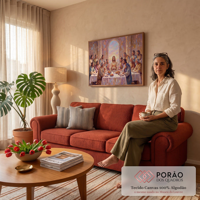 Pintura a óleo da Santa Ceia, Jesus partindo o pão com apóstolos sob janela em arco, quadro decorativo