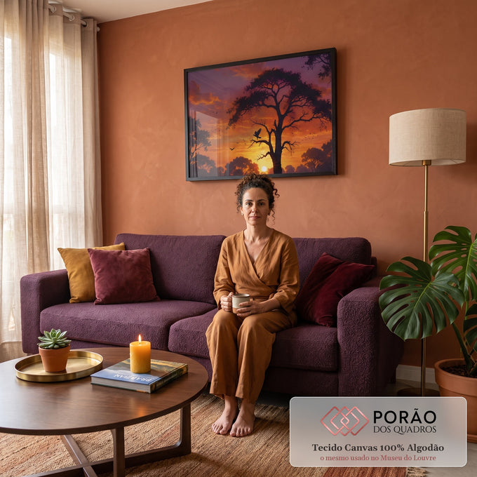 Quadro Decorativo Grande Árvore em Silhueta para Sala | quadros decorativos para sala de estar | árvore em silhueta com pássaro pousado e pôr do sol laranja ao fundo | em ambiente 3 | Porao dos Quadros