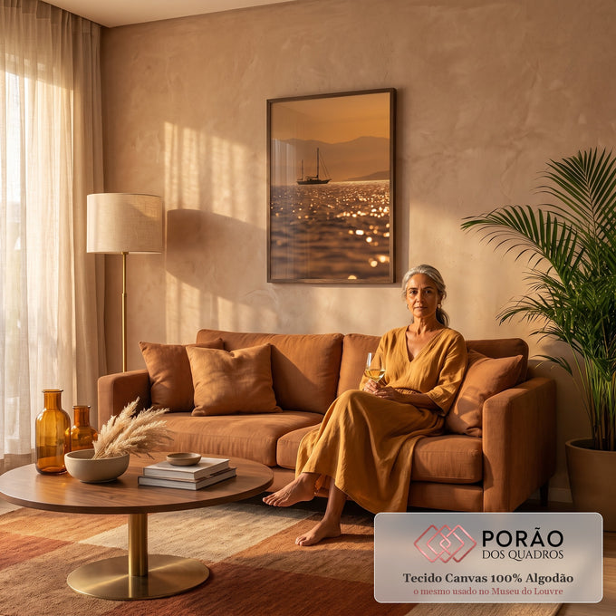 Veleiro em silhueta sobre mar cintilante ao pôr do sol laranja com montanhas, quadro decorativo