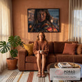 Quadro Decorativo Retrato de Menina com Manto Colorido | quadros decorativos para sala de estar | retrato de menina com olhar intenso vestindo manto de tricô colorido ao entardecer | em ambiente 3 | Porao dos Quadros