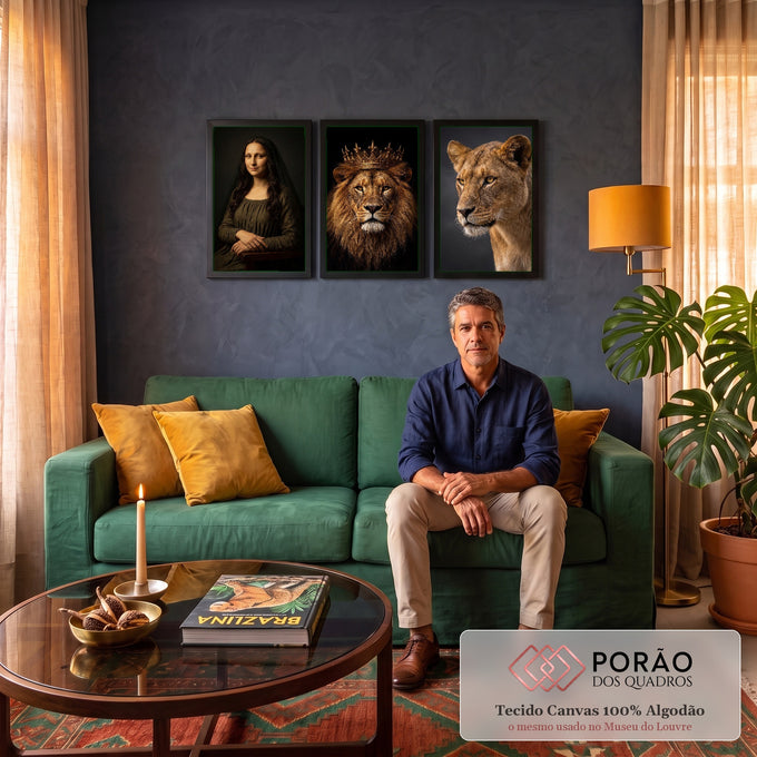 Quadro Decorativo Kit 3 Telas Mona Lisa para Sala Preto | quadros decorativos para sala de estar | tríptico com mulher estilo Mona Lisa, leão coroado e leoa em fotografia realista | em ambiente 3 | Porao dos Quadros