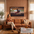 Cavalo alazão trotando em picadeiro coberto com carro esportivo vermelho ao fundo, quadro decorativo