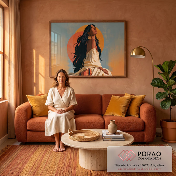 Ilustração de mulher indígena de cabelos longos e olhos fechados diante de sóis laranja, quadro decorativo