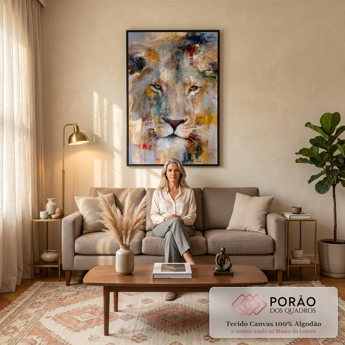 Quadro Decorativo Leão Majestoso em Tons Dourados e Azuis em sala de estar moderna - quadros decorativos para sala