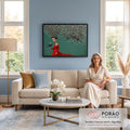 Quadro Decorativo Grande Mulher para Sala Vermelho | quadros decorativos para sala de estar | mulher de vestido vermelho com cabelo de dente-de-leão segurando um pássaro colorido | em ambiente 3 | Porao dos Quadros