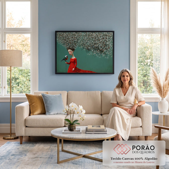 Quadro Decorativo Grande Mulher para Sala Vermelho | quadros decorativos para sala de estar | mulher de vestido vermelho com cabelo de dente-de-leão segurando um pássaro colorido | em ambiente 3 | Porao dos Quadros