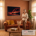 Quadro Decorativo Grande Lua de Lava para Sala Preto | quadros decorativos para sala de estar | lua em padrão de lava vermelha sobre floresta e lago refletido à noite | em ambiente 3 | Porao dos Quadros