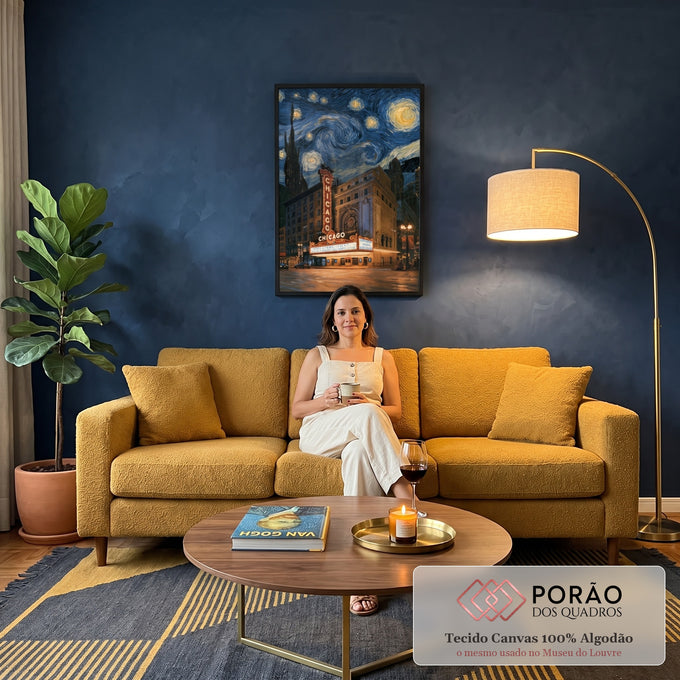 Quadro Decorativo Chicago Theatre sob Céu Estrelado Estilo | quadros decorativos para sala de estar | Chicago Theatre iluminado à noite sob céu estrelado em espirais azuis e douradas | em ambiente 3 | Porao dos Quadros