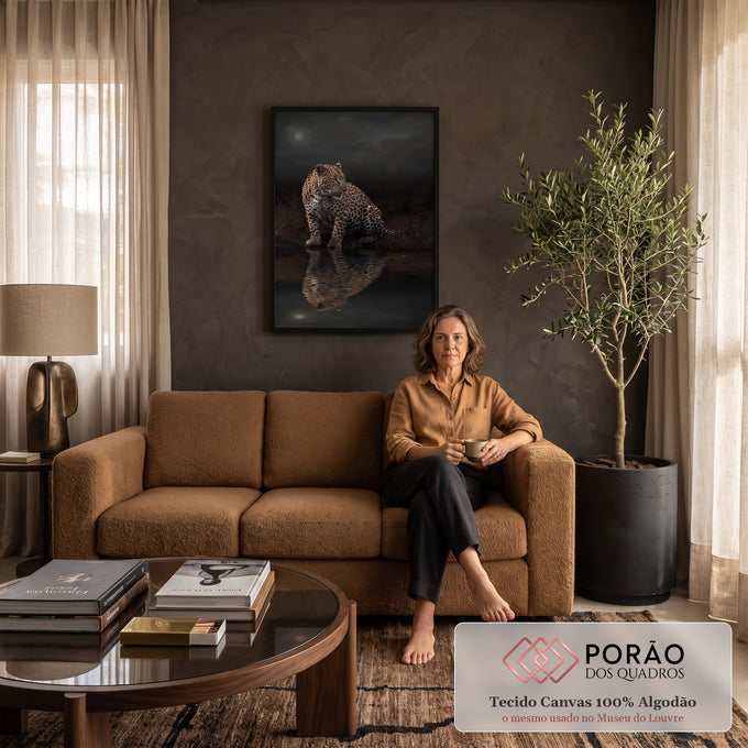 Leopardo sentado à beira d'água sob a lua, com reflexo na água escura, quadro decorativo