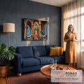 Quadro Decorativo Grande Nossa Guadalupe Mosaico para Sala | quadros decorativos para sala de estar | Nossa Senhora de Guadalupe em mosaico azul e dourado dentro de nicho ornamentado | em ambiente 3 | Porao dos Quadros