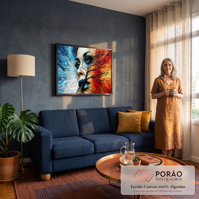 Rosto de mulher em mosaico dividido entre azul e vermelho, atravessado por galho escuro, quadro decorativo