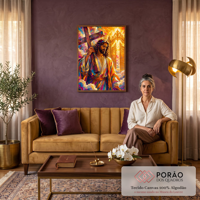 Quadro Decorativo Grande Jesus Cruz para Sala Dourado | quadros decorativos para sala de estar | Jesus Cristo segurando cruz de madeira diante de portão dourado em mosaico colorido | em ambiente 3 | Porao dos Quadros