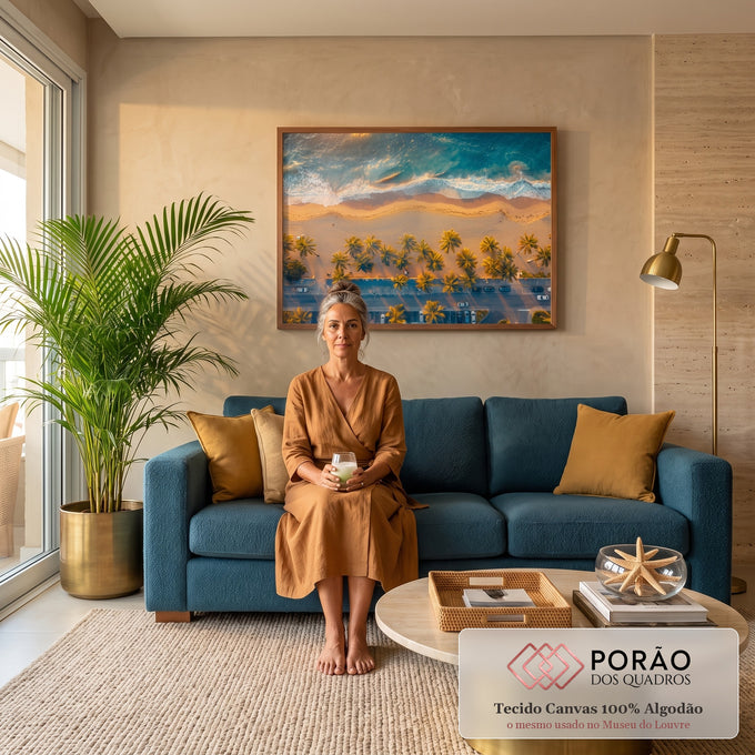 Vista aérea de praia com mar turquesa, areia dourada e fileira de palmeiras ao pôr do sol, quadro decorativo
