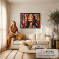 Rosto de mulher de olhos fechados e cabelos pretos em pinceladas coloridas de espátula, quadro decorativo