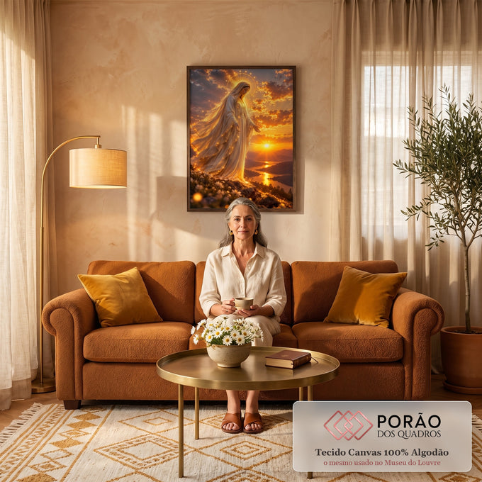 Quadro Decorativo Grande Nossa Senhora Pôr do Sol para Sala | quadros decorativos para sala de estar | Nossa Senhora com auréola dourada e manto branco ao pôr do sol | em ambiente 3 | Porao dos Quadros