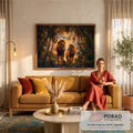 Quadro Decorativo Grande Família de Leões Floresta para Sala | quadros decorativos para sala de estar | dois leões adultos e dois filhotes em floresta ao entardecer | em ambiente 3 | Porao dos Quadros