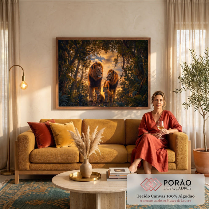 Quadro Decorativo Grande Família de Leões Floresta para Sala | quadros decorativos para sala de estar | dois leões adultos e dois filhotes em floresta ao entardecer | em ambiente 3 | Porao dos Quadros