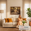 Jesus cura jovem acamada sob luz dourada e pomba branca, cercado por fiéis, pintura quadro decorativo