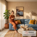 Porsche 356 azul claro com cachorro salsicha em posto antigo no pôr do sol do deserto, quadro decorativo