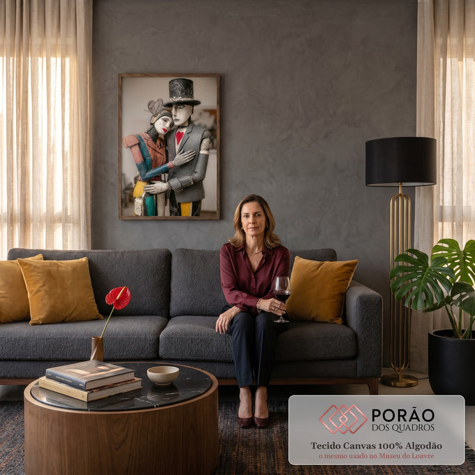 Casal de madeira pintada abraçado, homem de cartola e terno cinza com coração vermelho, quadro decorativo