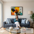 Quadro Decorativo Grande Colagem Fotográfica para Sala | quadros decorativos para sala de estar | colagem fotográfica em preto e branco com retrato de mulher e círculos coloridos sobrepostos | em ambiente 3 | Porao dos Quadros