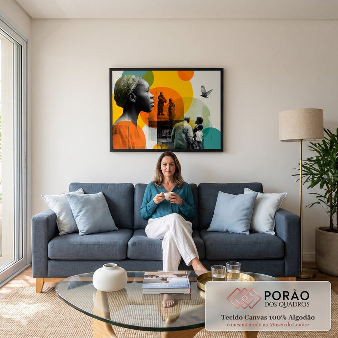 Quadro Decorativo Grande Colagem Fotográfica para Sala | quadros decorativos para sala de estar | colagem fotográfica em preto e branco com retrato de mulher e círculos coloridos sobrepostos | em ambiente 3 | Porao dos Quadros