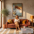 Quadro Decorativo Grande Árvore com Frutos para Sala Laranja | quadros decorativos para sala de estar | árvore com frutos vermelhos inclinada sobre penhasco com pôr do sol ao fundo | em ambiente 3 | Porao dos Quadros