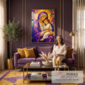 Nossa Senhora abraçando o Menino Jesus em estilo geométrico roxo com auréola dourada, quadro decorativo