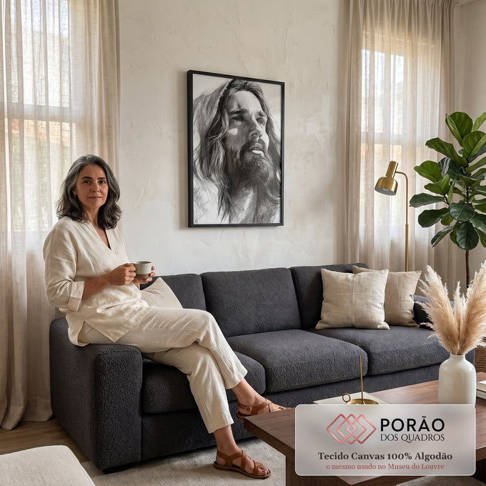 Quadro Decorativo Jesus Cristo em Desenho Realista a Lápis | quadros decorativos para sala de estar | retrato a lápis de Jesus Cristo com manto e capuz olhando para cima | em Quadros para Escritorio | Porao dos Quadros