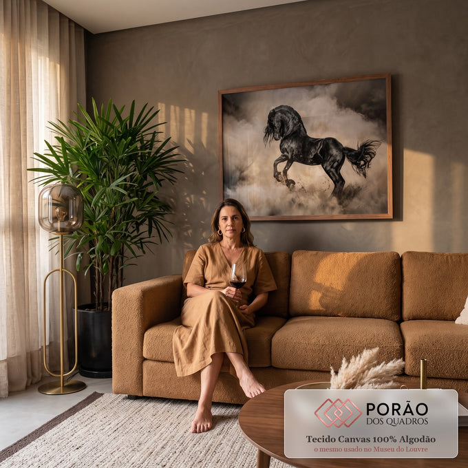 Cavalo preto empinado com crina ao vento em meio a nuvem de poeira bege, quadro decorativo