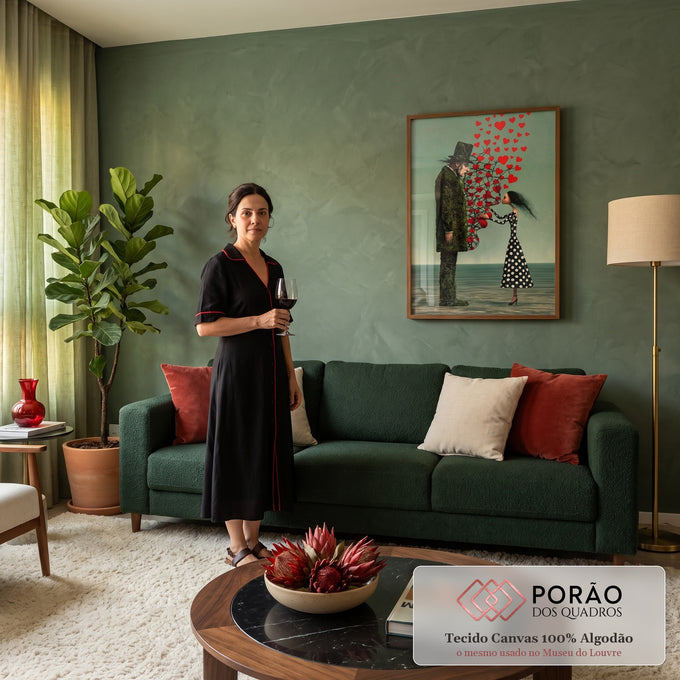 Mulher de vestido de poá tira corações vermelhos do peito de homem de musgo, quadro decorativo