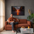 Quadro Decorativo Grande Pôr do Sol Rua Arborizada para Sala | quadros decorativos para sala de estar | rua vazia com sol intenso ao fundo entre árvores e raios de luz alaranjados | em ambiente 3 | Porao dos Quadros