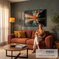 Quadro Decorativo Grande Pôr do Sol Lago para Sala Vermelho | quadros decorativos para sala de estar | pôr do sol vermelho e laranja refletido num lago calmo com árvores escuras | em ambiente 3 | Porao dos Quadros