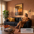 Acácia em silhueta contra sol poente laranja sobre campo dourado da savana africana, quadro decorativo