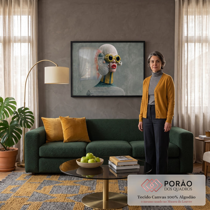Mulher surreal com peixe baiacu no rosto, óculos amarelos e batom vermelho em fundo cinza, quadro decorativo