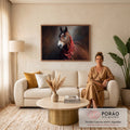 Quadro Decorativo Grande Cavalo Xale Vermelho para Sala | quadros decorativos para sala de estar | retrato realista de cavalo castanho com faixa branca no focinho e xale vermelho no pescoço | em ambiente 3 | Porao dos Quadros