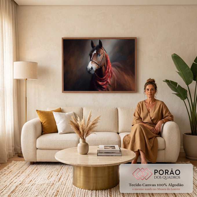 Quadro Decorativo Grande Cavalo Xale Vermelho para Sala | quadros decorativos para sala de estar | retrato realista de cavalo castanho com faixa branca no focinho e xale vermelho no pescoço | em ambiente 3 | Porao dos Quadros
