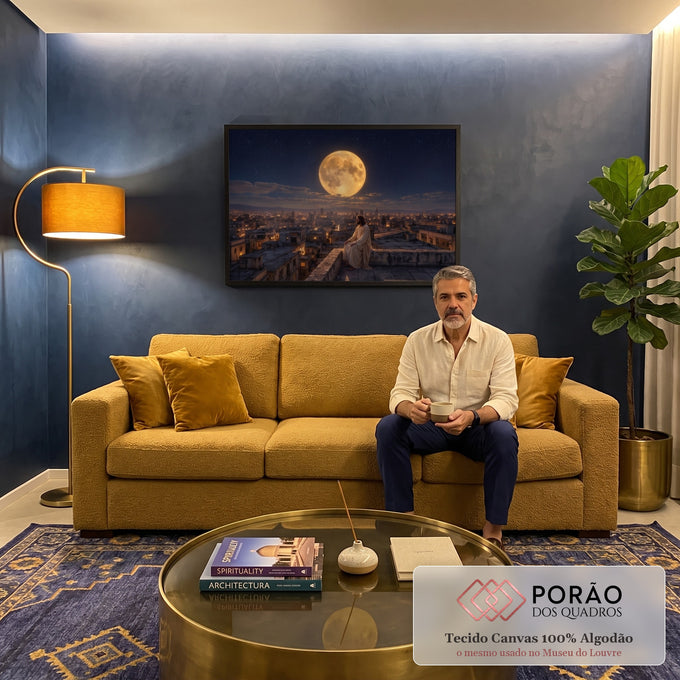 Jesus sentado em terraço contemplando cidade iluminada sob lua cheia e céu estrelado, quadro decorativo