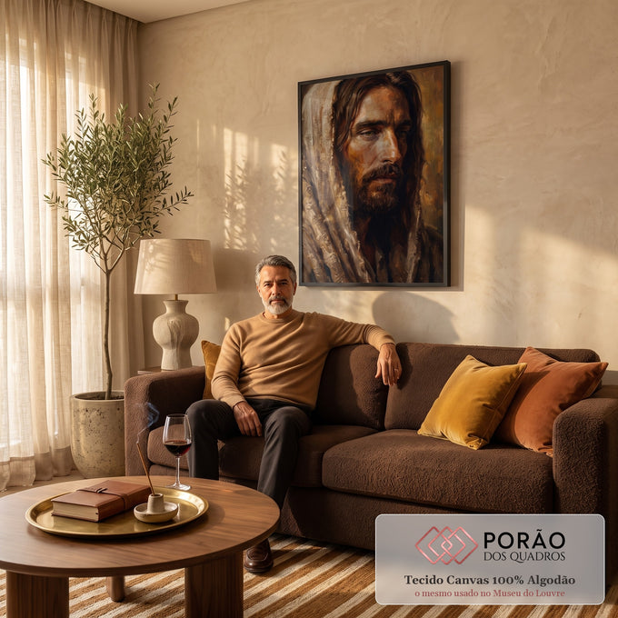 Quadro Decorativo Grande Retrato de Jesus Marrom para Sala | quadros decorativos para sala de estar | retrato de Jesus Cristo com manto bege, barba escura e olhar sereno | em ambiente 3 | Porao dos Quadros