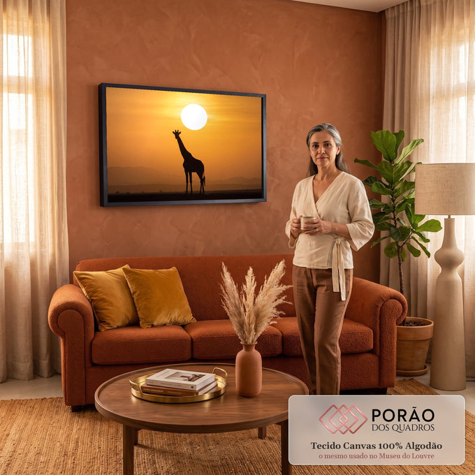Silhueta de girafa sob sol gigante e céu laranja, com montanhas da savana africana ao fundo, quadro decorativo