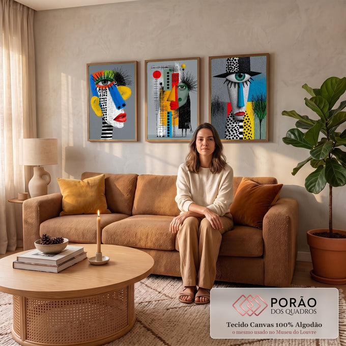 Quadro Decorativo Kit 3 Telas Rostos Cubistas para Sala | quadros decorativos para sala de estar | três rostos cubistas coloridos com formas geométricas e cílios espetados em preto | em ambiente 3 | Porao dos Quadros