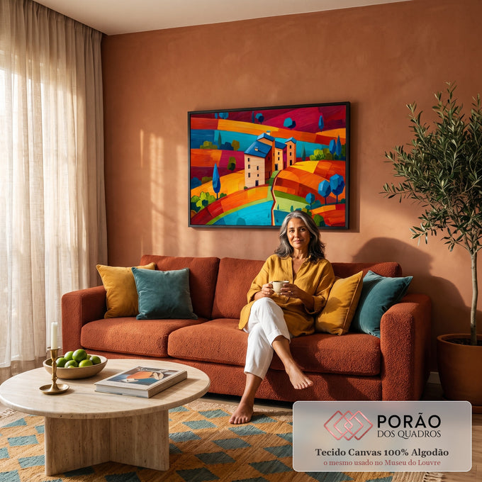 Quadro Decorativo Grande Vila Toscana para Sala Laranja | quadros decorativos para sala de estar | vila toscana estilizada com telhados azuis sobre colinas coloridas em laranja e vermelho | em ambiente 3 | Porao dos Quadros