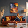 Quadro Decorativo Casal Jovem no Banco sob Árvore de Outono | quadros decorativos para sala de estar | casal jovem abraçado em banco sob árvore de outono com corações flutuantes | em ambiente 3 | Porao dos Quadros