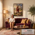Quadro Decorativo Grande Jesus Bom Pastor para Sala Vermelho | quadros decorativos para sala de estar | Jesus em manto vermelho segurando cajado cercado de ovelhas em paisagem dourada | em ambiente 3 | Porao dos Quadros